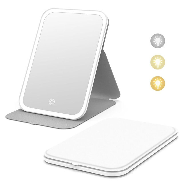 Kintion Travel Makeup Mirror, 8"*5.4" Portable LED Lighted Makeup Mirror, 360° Rotation Touch Screen Vanity Mirror, 3-Color Dimmable Lighting, Rechargeable Tabletop Folding Cosmetic Mirror, White