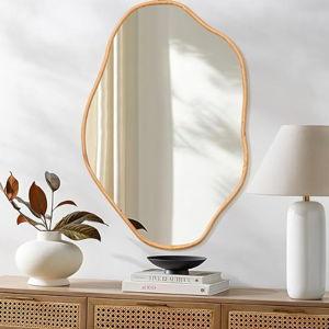 ULIKE Irregular Wall Mirror, 24x36 Inch Asymmetrical Wall Mirror with Solid Wood Frame, Mid-Century Modern Decor with Natural Wood, Vanity Mirrors for Bathroom Bedroom Living Room Entryway