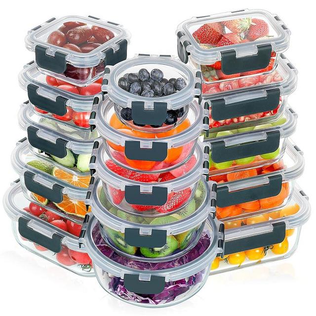 VERONES 30 Pieces Glass Meal Prep Containers Set, Stackable Glass Food Storage Containers with Lids-Airtight Glass Lunch Containers，for Microwave, Oven, Freezer & Dishwasher,Grey