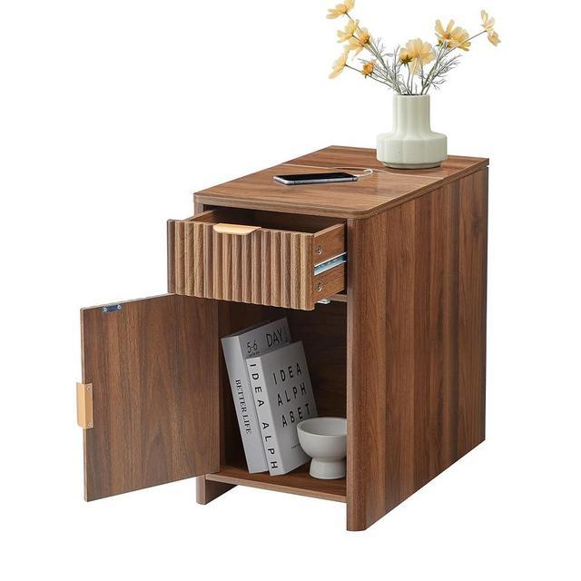 affeivul Fluted Narrow End Table with Charging Station, Farmhouse Side Table with Drawer Storage, Small Night Stand with Power Outlets and USB Ports, Sofa Side Table for Living Room - Walnut