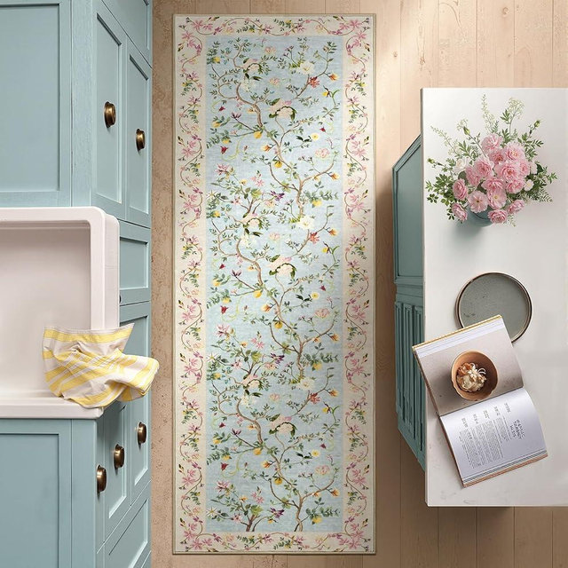 jinchan Floraison Floral Runner Rug 2x5 Machine Washable Kitchen Runner Non Slip Soft Low Pile Hallway Rug Boho Stain Resistant Carpet for Laundry Living Room Bedroom Blue/Pink
