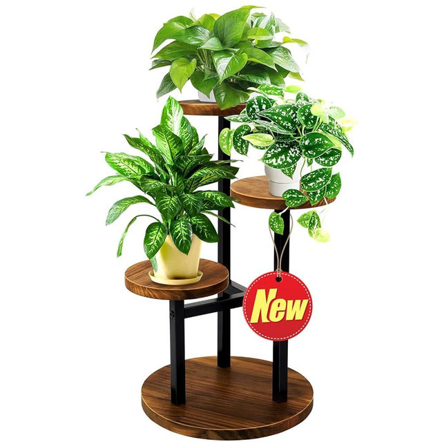 GEEBOBO 3 Tier Plant Stand Indoor, Metal Wood Plant Stands For Indoor Plants Multiple, Corner Tiered Flower Plants Shelf Stand for Living Room Bedroom, Brown