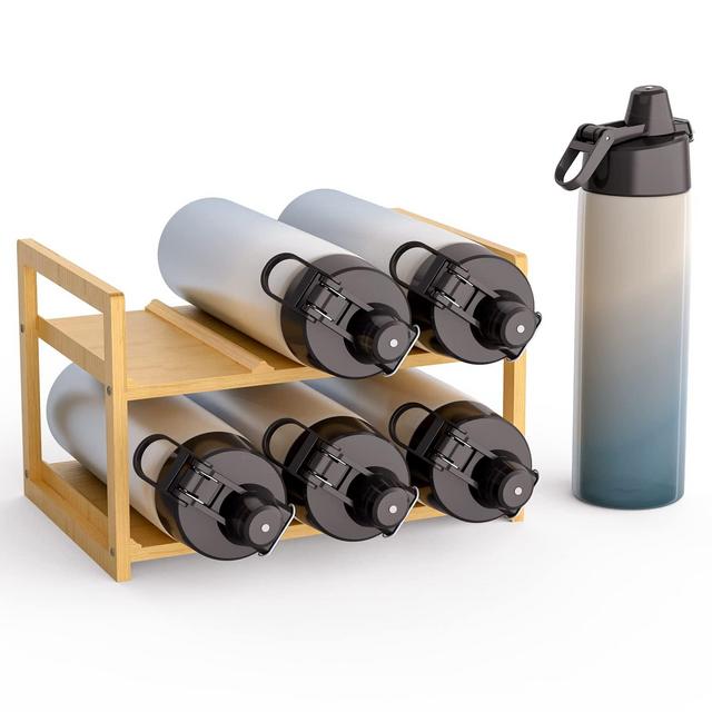 Ackitry Sturdy Water Bottle Organizer, Bamboo Water Bottle Holder Rack, Sturdy Water Cup Stand Storage for Cabinet Kitchen Countertops (Natural 6 Bottle)