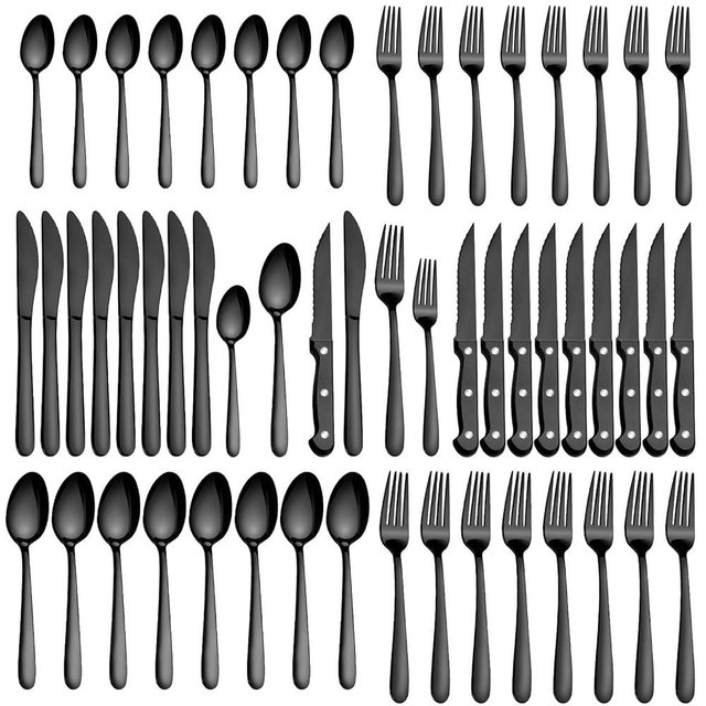 Pleafind 48-Pieces Black Silverware Sets for 8, Flatware Set with Steak Knives, Stainless Steel Cutlery Set, Include Forks Spoons and Knives Set, Dishwasher Safe Utensil Sets for Home Restaurant