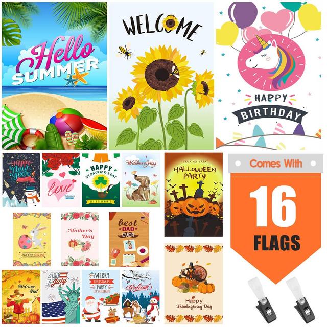 Warmfits Garden Flags, Set of 16 Premium Quality Yard Holiday and Seasonal Decorative Flags Small Garden Outdoor Decorative Flags - Double Sided Colorful Design for All Seasons & Holidays- 12 x 18 in