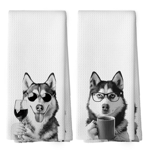 Mcehtle Funny Siberian Husky Kitchen Towels Set of 2, Funny Dog Kitchen Accessories, Coffee Station Wine Bar Decor, Dog Chef Gift Hand Towel, Dining Room Decorative Tea Towel Dish Towels 16x24 Inch