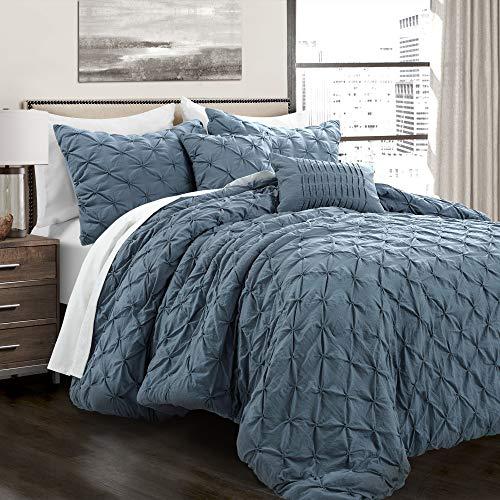 Lush Decor Stormy Blue Ravello Shabby Chic Style Pintuck 5 Piece Comforter Set with Pillow Shams, King
