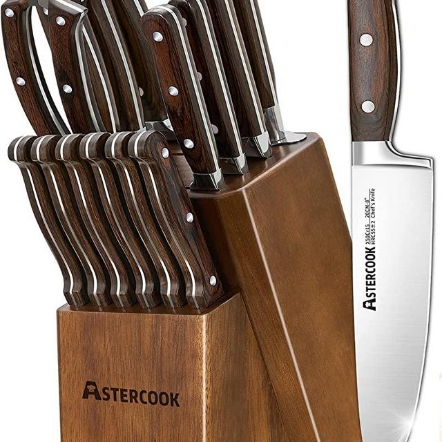 15 Pcs Kitchen Knife Set With Wooden Block, Astercook German Stainless Steel Cutlery With Knife Sharpener & 6 Steak Knives…