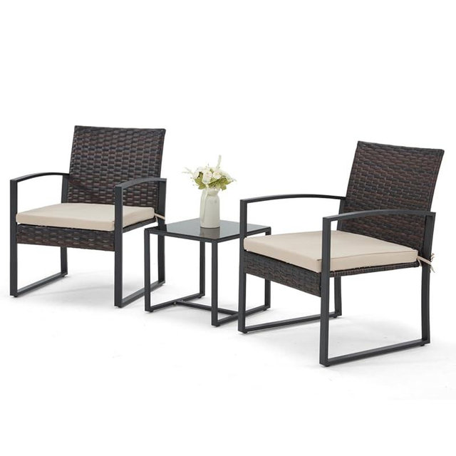 Bezseller 3 Pieces Patio Furniture Set, Outdoor Rattan Bistro Set with Coffee Table, Durable Steel Frame with Strapped Cushions for Garden, Balcony, Poolside, Backyard