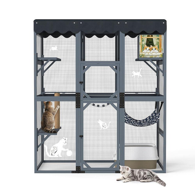 COZIWOW 72Inches Large Wood Catio Outdoor Cat Enclosure with Waterproof Roof, Multi-Level Cat House for 2-3 Cats, Spacious Perches, Hammock, and Scratching Post（Grey Fashion Pattern）