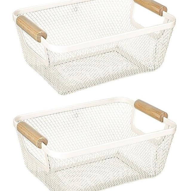 AJIODA 2 Pack Metal Mesh Steel Basket, Wire Storage Organizer Basket Multi-function Hanging Kitchen Basket Fruit Basket with Wood Handle for Kitchen Bathroom Picnic Cabinet Home, Rectangle-Off White