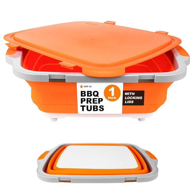Drip EZ Collapsible BBQ Prep Tub (V2) - For Meal Prep Marinating Food Storage - Includes Cutting Board & Locking Lid - (1) OG - Orange