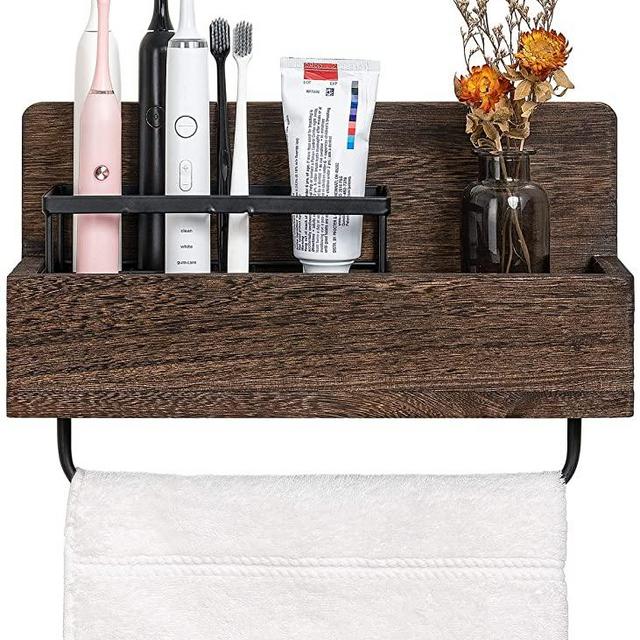 Dahey Wall Mounted Toothbrush Holder Wooden Electric Toothbrush Organizer Multifunctional Stand Towel Rack Toothpaste Dispensers Rustic Farmhouse Bathroom Decor