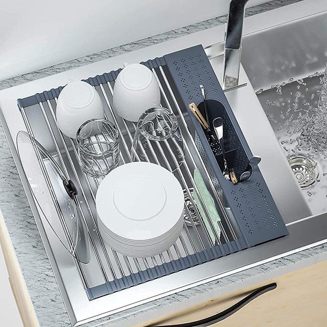 Roll Up Dish Drying Rack 17.5"(L) x 15.2"(W) - SUS304 Multi-Purpose Rack Rollable Stainless Steel Dish Drainer with Utensil Holder for Kitchen Sink (17.5" × 15.2")