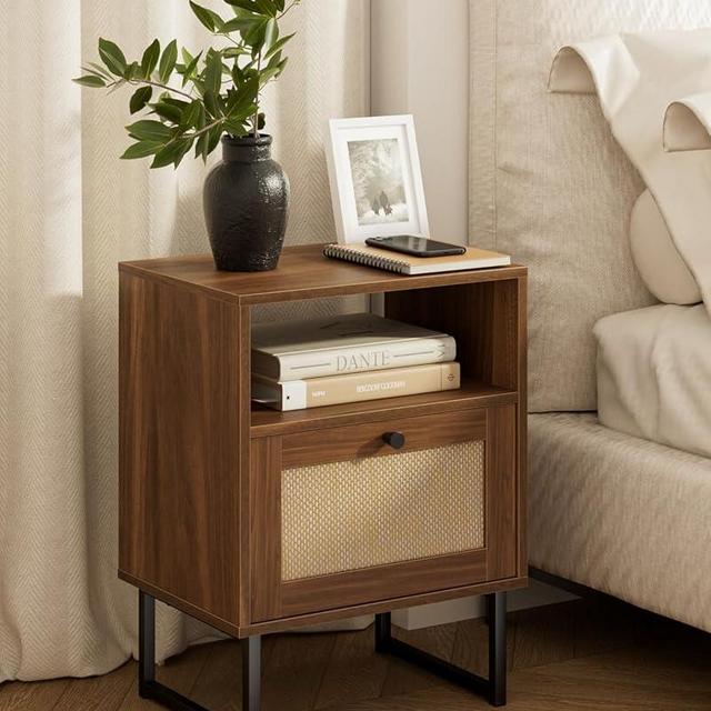 Masupu Rattan Nightstand,Modern Boho Farmhouse Wood Bedside Table with Storage Drawer and Open Shelf,Small Black Frame Side End Table for Bedroom,Living Room,Office (Walnut)