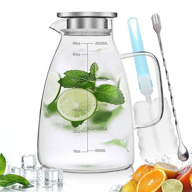 Glass Pitcher,88oz/2.5 Liter Water Pitcher with Precise Scale Line,Glass Jug with Sealed Lid,Beverage Pitcher for Hot/Cold Water,Heat Resistant Borosilicate Glass pitchers(with Mixing Spoon and Brush）