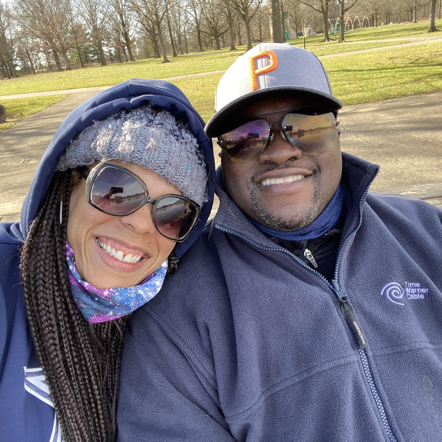 Our first fishing adventures together in Ohio, Rodney had to borrow some gear to keep warm.