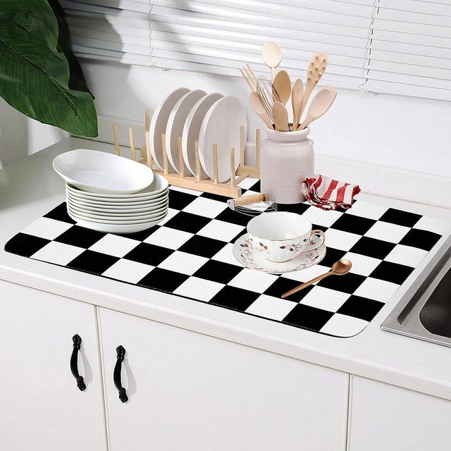 Coffee Mat Checkered Dish Drying Pad for Kitchen Pet Placemat Absorbent Quick Dry Washable Anti-slip Rubber Backed Mats for Kitchen Counter Coffee Bar Bathroom Bedroom 15.7" x 23.6"