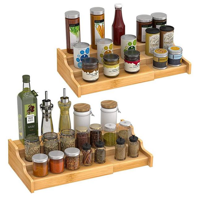 3 Tier Expandable Bamboo Spice Rack Seasoning Organizer for Cabinet Pantry Countertop Kitchen Step Shelf 2 Pack