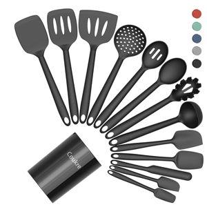 Coukre Silicone Kitchen Cooking Utensils Set with Holder – Heat-Resistant, Food-Grade Kitchen Tools, Spatula, Spoon & Gadgets for Non-Stick Pans, Dishwasher Safe (14, PureBlack)