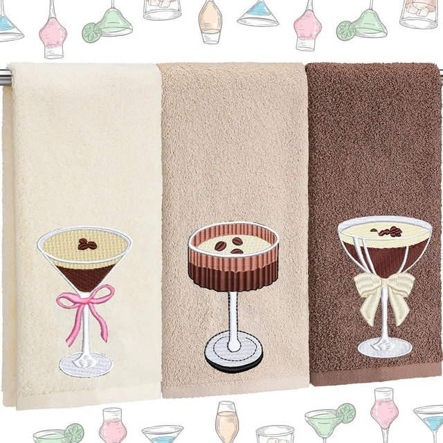 Fanfanwin Espresso Martini Hand Towels Set of 3 Embroidered Espresso Martini Decor Cocktail Alcohol Kitchen Towels 100% Cotton 14 x 29 for Wine Love Gifts Bar Decor