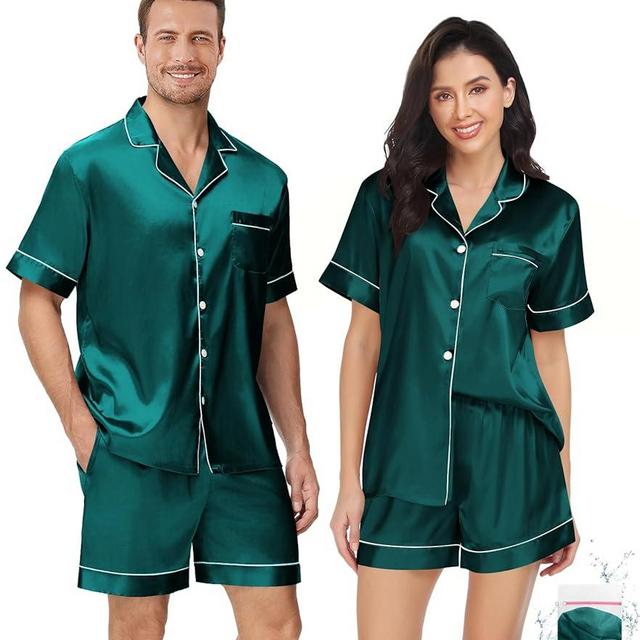 YOPUGEE Silk Matching Pajamas Set for Couples Women Men Stain Short Sleeve Sleepwear Button Down 2 Pcs Pjs Sets S-XXL