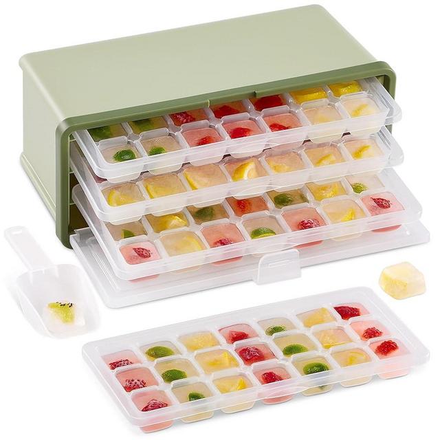 Ice Cube Tray with Lid, Ice Cube Trays Box for Freezer with bin, Easy Release Pull-out Square Ice Tray, Large Capacity Ice Cube Mold with 3 Tray for Drinks, Whiskey, Cocktail, Coffee, 81 Pcs, Green