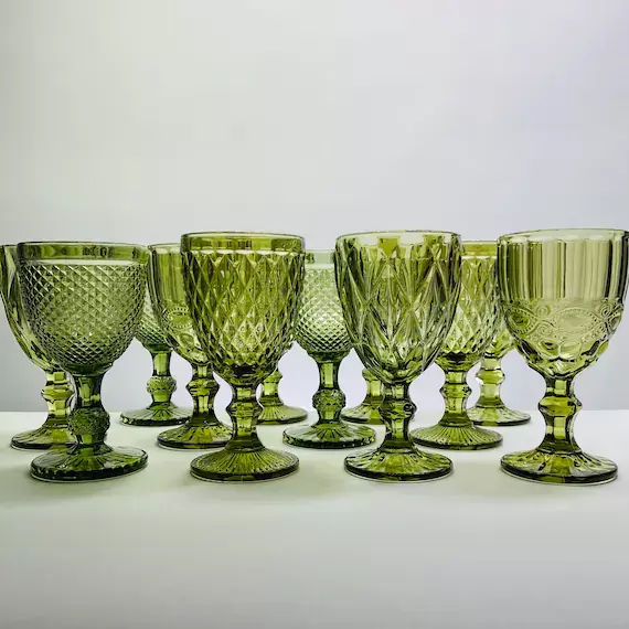 12 Mismatched Goblets, mismatch Glasses, Wedding goblets, goblet glasses, colored goblet, green goblets, bulk, event, glassware, green