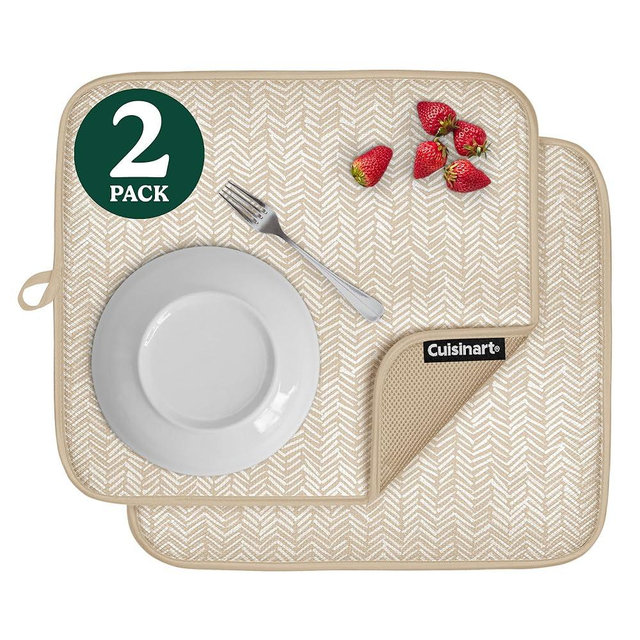 Cuisinart Dish Drying Mats for Kitchen Counter - (2) 16" x 18" Ultra Absorbent Kitchen Dish Drying Mat - Mesh Backing, Foldable, Machine Washable, Fast Drying Dish Mat (Dashed Lines)