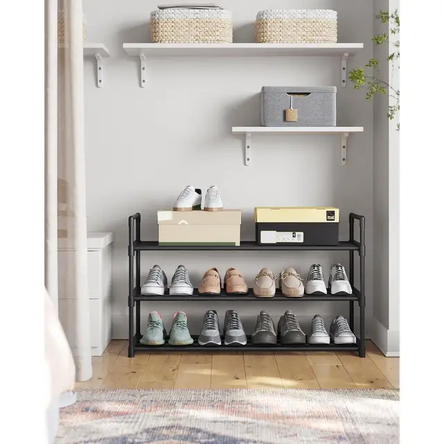 3-Tier Metal Shoe Rack Organizer, Stackable Shoe Shelf Holds 12-15 Pairs, Space Saving Design, Black