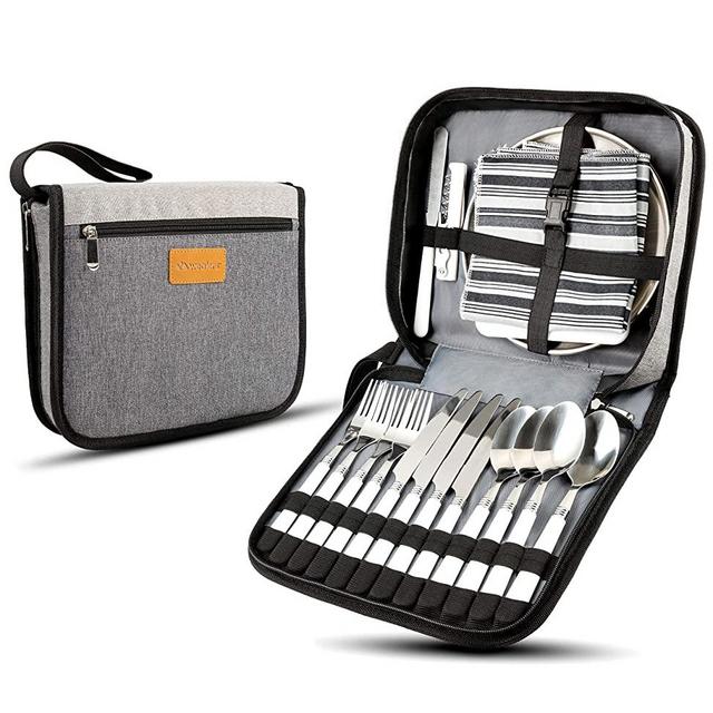 Camping Silverware Kit Cutlery Organizer Utensil Picnic Set - 24 Piece Mess Kit for 4 - Stainless Steel Plate Spoon Butter and Serrated Knife Wine Opener Fork Napkin Hiking - Camp Kitchen BBQ’s