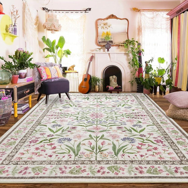 Amearea 8x10 Area Rugs for Living Room, Washable Area Rugs 8 x 10 Pink Floral Rug, Vintage Low Pile Cute Kids Girls Room Print Carpet, Non Slip Office Nursery Bedroom Dining Room Farmhouse Decor