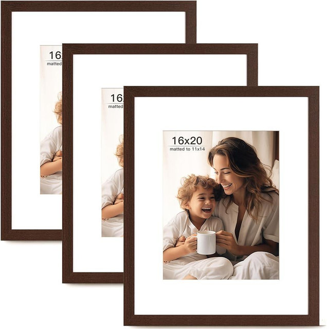 FinalFind 16x20 Picture Frame with Mat for 11x14 Set of 3, Drak Brown Wood Grain 16x20 Frames for Horizontal & Vertical Wall Mounting (3 Pack,Walnut)