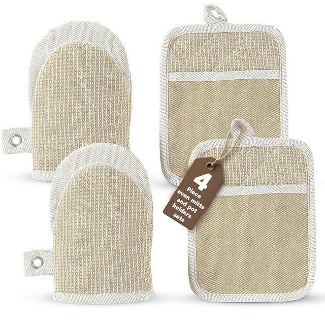 Casa Platino Mini Oven Mitts & Silicone Pot Holders, 4-Piece – Heat Resistant Gloves for Cooking & BBQ, Hot Pads for Kitchen – Withstands Up to 500°F, Non-Slip & Machine Washable – Beige