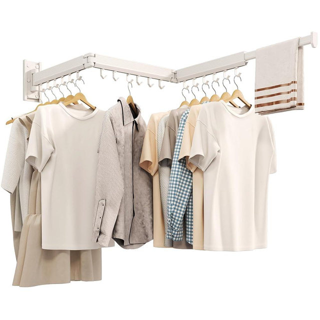 CHAHUANV Clothes Drying Rack,Laundry Drying Rack, Drying Rack Wall Mount,Wall Mounted Clothes Rack,Drying Rack Clothing,Retractable Laundry Rack for Hanging Clothes,Collapsible,Foldable,White-Hooks