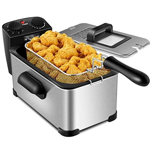 COSYWAY Deep Fryer, 1700W Electric Stainless Steel Deep Fryer -3.2qt Oil Container & Lid w/View Window, 12 Cups Frying Basket w/Hook, Adjustable Temperature and Timer, Professional Grade