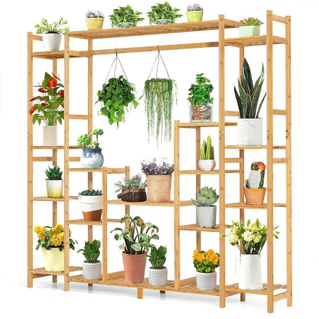 COSTWAY Bamboo Plant Stand, with Hanging Rack & Anti-Dumping Device, 2-In-1 High-Low Plant Holder Shelf, Corner Flower Pot Stand for Indoor & Outdoor Use, Natural