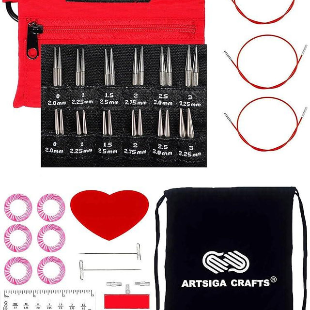 ChiaoGoo Twist Red Lace Shorties 2 & 3-Inch Small Red 7230-M Interchangeable Knitting Needle Set, 12-Pair Sizes US 0, 1, 1.5, 2, 2.5, 3, Stainless Steel, 3 Cords with 1 Project Bag