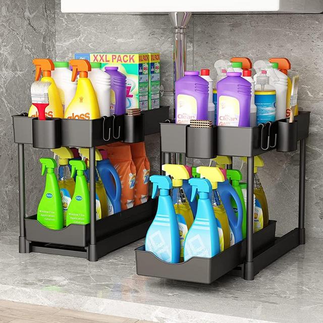 2 Pack Under Sink Organizers and Storage Pull Out Drawers,2 Tier Sliding Under Cabinet Organizer, Bathroom Organizer Under Kitchen Sink Storage, Under Sink Shelf Baskets with 4 Cups 8 Hooks,Black