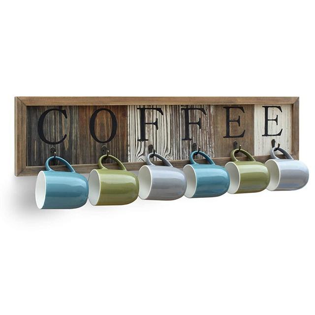 Rustic Coffee Mug Rack Wall Mounted, Printed Coffee Sign - 6 Coffee Cup Hooks - Wooden Coffee Mug Display and Organizer - Distressed Coffee Rack Sign (31.5")