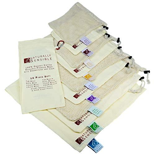 Zero Waste Reusable Produce Bags - Eco Friendly Organic Cotton Muslin Mesh and Canvas | Lightweight Premium See Through Cloth | Tare Weight On Tag | Bulk Bin Bags 10 Piece Set | Great For Grocery Shop