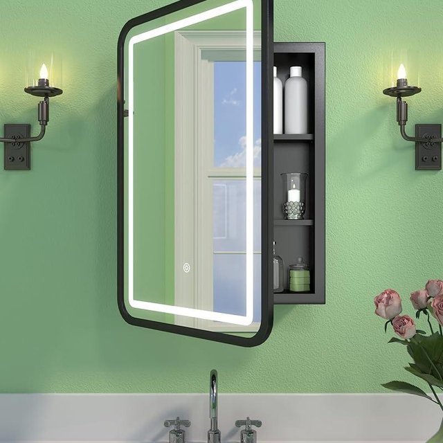 viechanro 16x24 Inch LED Medicine Cabinet Mirror for Bathroom, Wall Mounted or Recessed Medicine Cabinet with Lights and Mirror, Full Metal, Stable & Removable 2 Shelves, Adjustable 3 Colors, Black