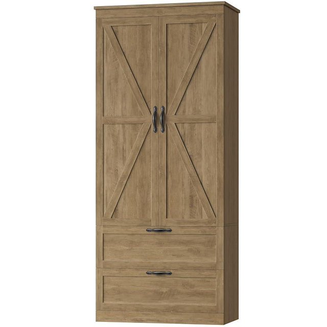 HOSTACK 70" Tall Kitchen Pantry Storage, Barn Doors Pantry Cabinet with Drawers and Adjustable Shelf, Modern Farmhouse Storage Cabinet for Kitchen, Dining Room, Living Room, Bathroom, Rustic Brown