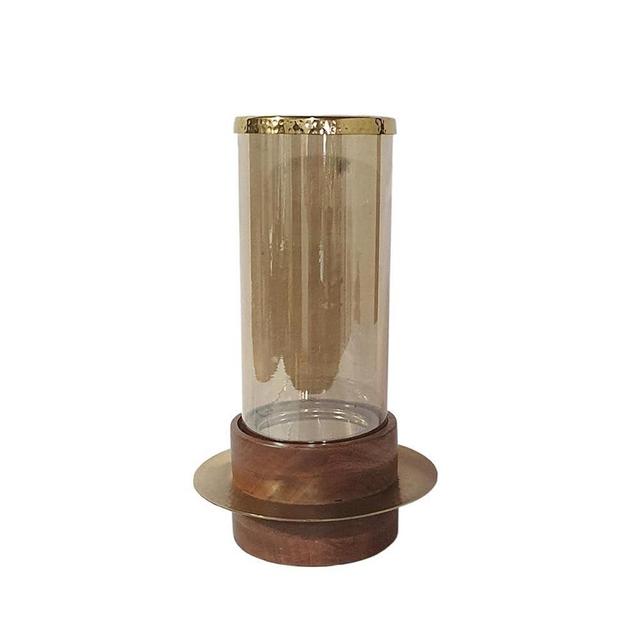 A & B Home 13.5 in H Large Gold Glass/Acacia Wood/Iron Sebastian Hurricane Candle Holder, Home Accent Decor