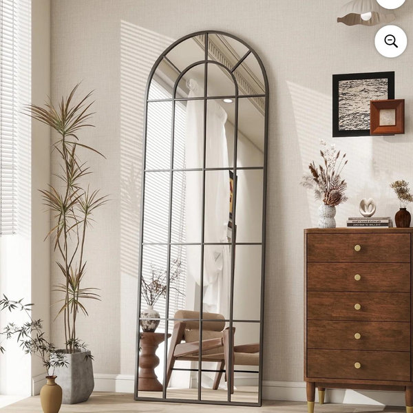 BEAUTYPEAK 23"x65" Arched Full-Length Windowpane Mirror Wall-Decor Mirror,Black