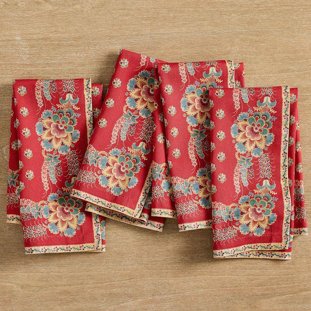 Adda Scalloped Cotton Napkins, Set of 4 - Red Multi