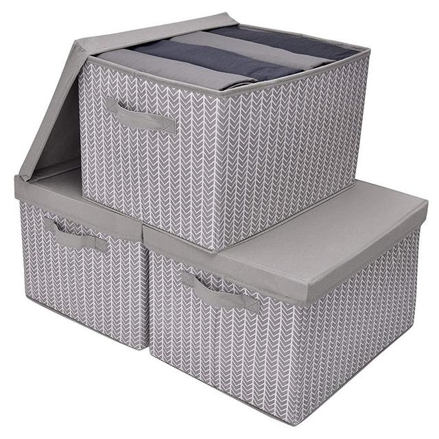GRANNY SAYS Storage Bins for Closet with Lids and Handles, Rectangle Storage Box, Fabric Storage Baskets Containers, Gray/White, Extra Large, 3-Pack