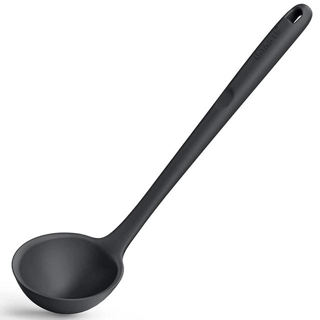 13 inch Silicone Soup Ladle: U-Taste 600ºF Heat Resistant 4 oz Large Non-stick Seamless Rubber Kitchen Deep Serving Spoon with Non-slip Solid Long Handle for Cooking Sauce/Stews/Gravies/Chili(Black)