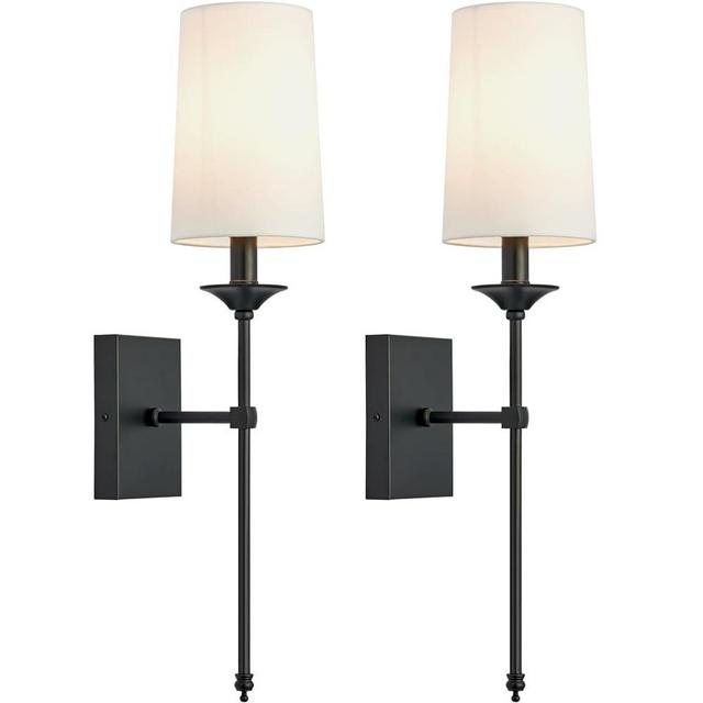 TERLEENART Hardwired Fabric Wall Sconces Set of 2, Mid Century Candlestick Style Wall Light Fixtures with Pure White Cylindrical Shade and Black Long Slim Stem,for Bathroom Bedroom Living Room