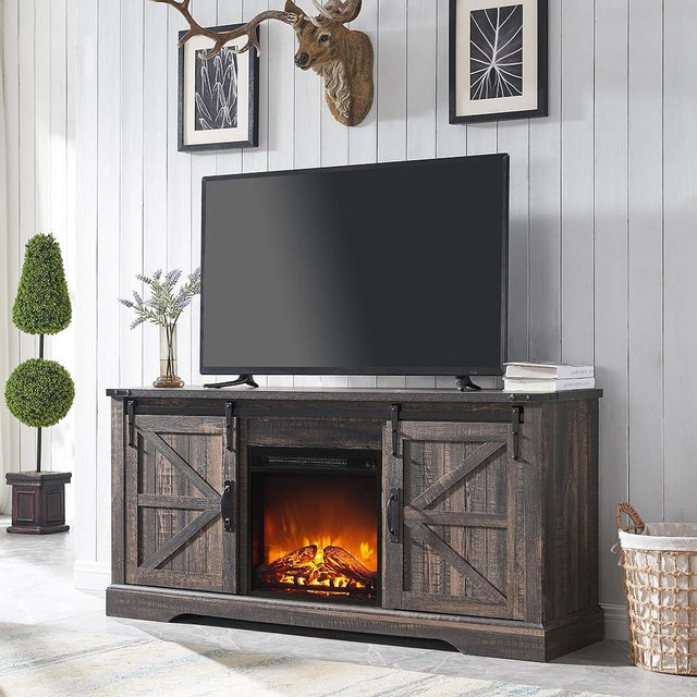 OKD Farmhouse Electric Fireplace TV Stand for 65+ Inch TV, Rustic Entertainment Center w/ 18" Fireplace, Sliding Barn Door, Storage shelves, Wood Media Console Cabinet for Living Room, Dark Rustic Oak